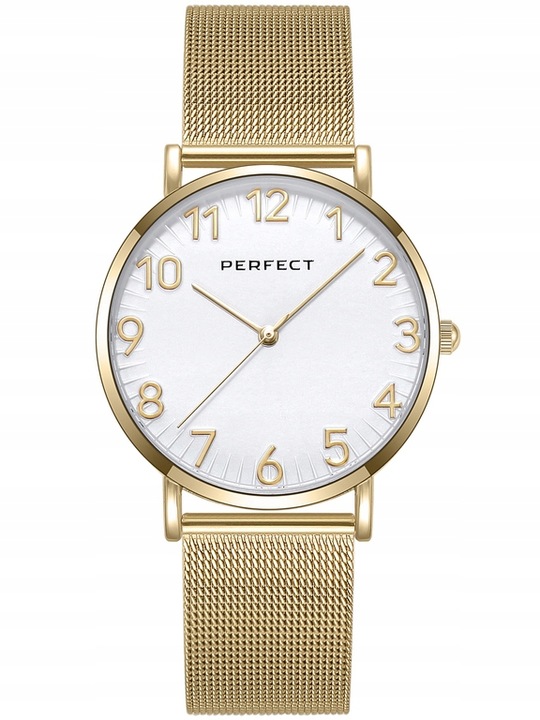 ZEGAREK DAMSKI PERFECT ZEFRA +BOX +GRAWER CYFRY bransoletka mesh złoty
