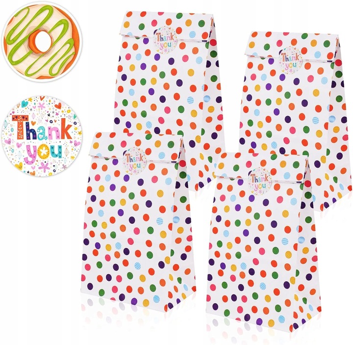 18X PAPIEROWE TOREBKI W KROPKI NA PREZENTY Z NAKLEJKAMI UPOMINKI DLA DZIECI