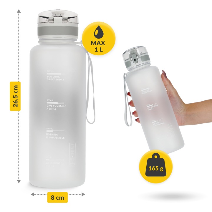 BUTELKA NA WODĘ BIDON SPORTOWY MOTYWACYJNY Z MIARKĄ USTNIKIEM TRITAN 1L