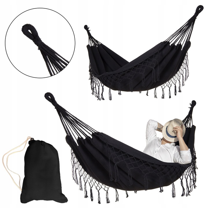 DUŻY MOCNY HAMAK OGRODOWY BOHO HUŚTAWKA MIDAS 3 100x200 CZARNY + POKROWIEC