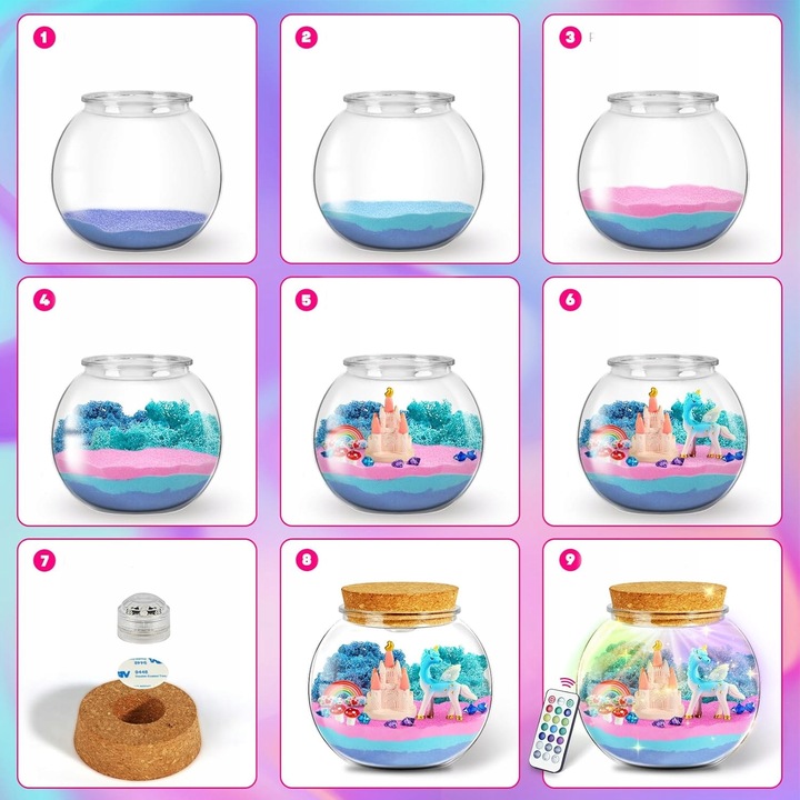 ZESTAW KREATYWNY JEDNOROŻEC MAGICZNE TERRARIUM AKWA DIY LAMPKA LED KRYSZTAŁ