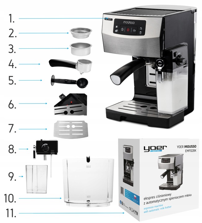 Ekspres do kawy Ciśnieniowy Automatyczny Yoer INOX 20bar + Spieniacz Mleka