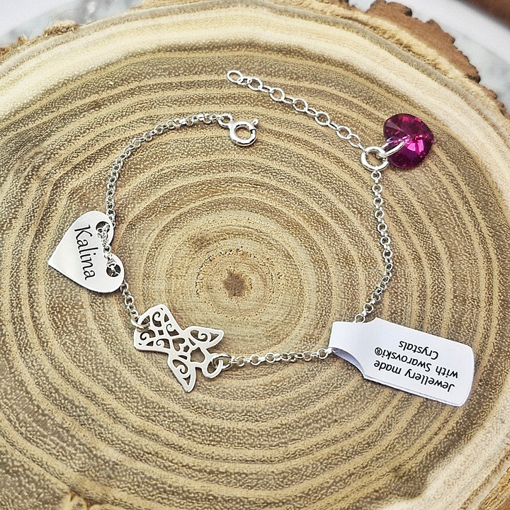 BRANSOLETKA SREBRNA DZIECIĘCA ANIOŁEK I SERCE SWAROVSKI GRAWER SREBRO 925