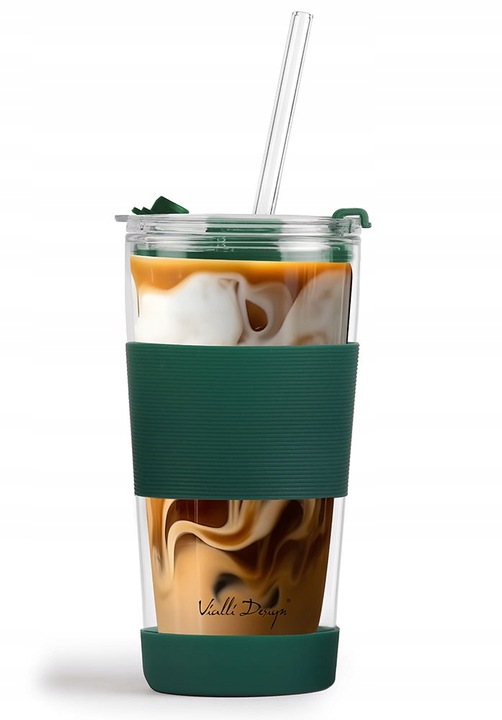Szklany kubek do kawy ze słomką Vialli Design FUORI 600ml 30398 (zielony)