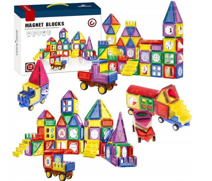 Klocki Magnetyczne 3D Zamek i Pojazdy Duży Zestaw 110 Elementów Edukacyjne