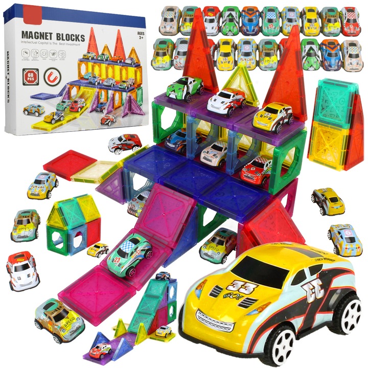 DUŻE Klocki Magnetyczne 3D Konstrukcyjne 20 Autek Zjeżdżalnia 68el Edukacja