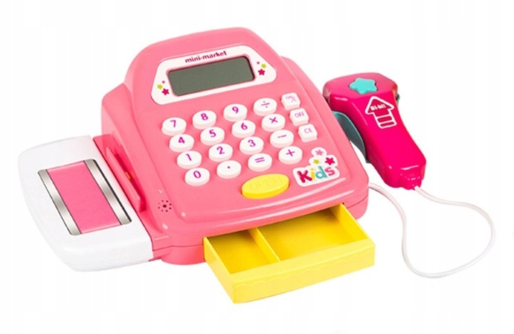 KASA SKLEPOWA FISKALNA SKANER DŹWIĘK KALKULATOR MONETY PIENIĄDZE AKCESORIA