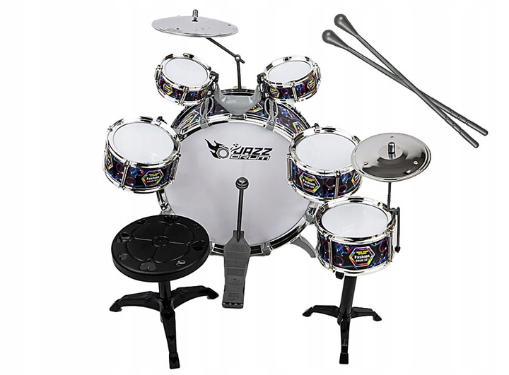 PERKUSJA DUŻA DLA DZIECI ZESTAW 6 BĘBNÓW 2 TALERZE TABORET ZABAWKA MUZYCZNA