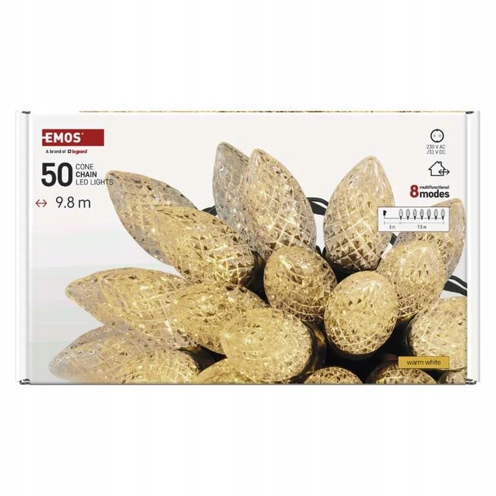 Lampki choinkowe LED szyszki 50 LED 9,8 m ciepła biel 8 programów IP44 EMOS