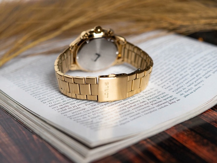 MĘSKI ZEGAREK LORUS RM330JX9 ZŁOTY NA BRANSOLECIE CHRONOGRAF DATA 100M