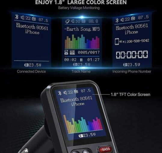 Bezprzewodowy TRANSMITER FM Bluetooth 5.0 SD RADIO ŁADOWARKA GŁOŚNIK 12/24v