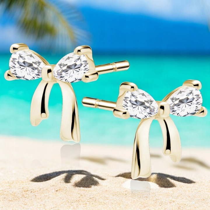 KOLCZYKI SREBRNE 925 Pozłacane z cyrkoniami KOKARDKI KOKARDY Wkrętki Prezen