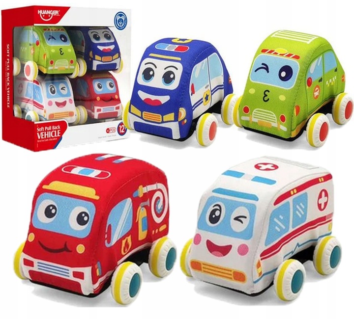 PLUSZOWE MIĘKKIE AUTKA NAPĘD ZESTAW 4 SZTUKI POJAZDY