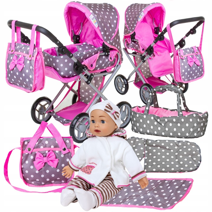 Wózek dla lalek 3w1 SPACEROWY GŁEBOKI + INTERAKTYWNA LALKA BOBAS zestaw XXL