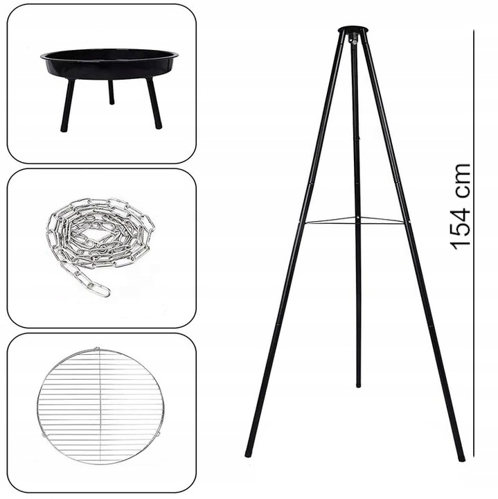 PALENISKO TRÓJNÓG GRILL OGRODOWY OGNISKOWY WISZĄCY DUŻY RUSZT CHROMOWANY 50