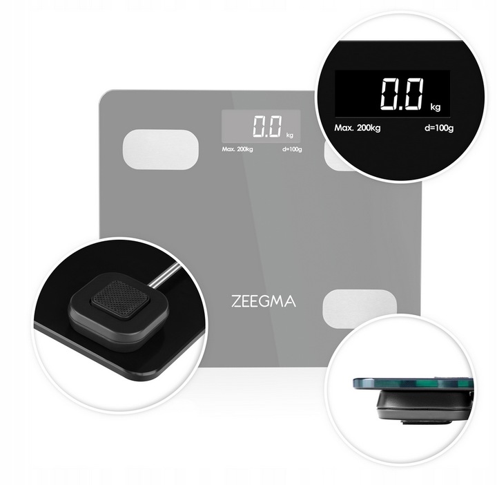 INTELIGENTNA WAGA ŁAZIENKOWA BLUETOOTH ANALITYCZNA APLIKACJA ZEEGMA 17W1