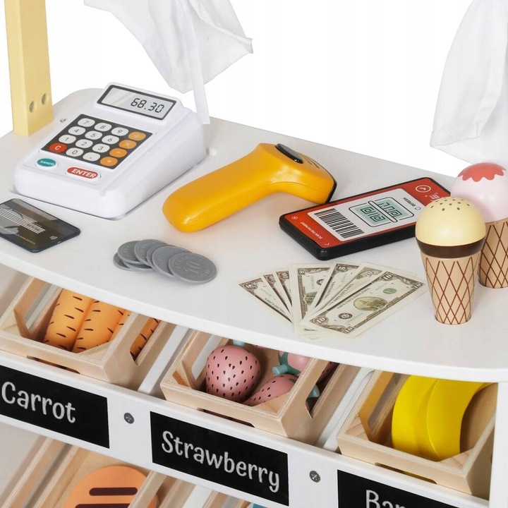 Drewniany stragan market targ dla dzieci 2w1 teatr tablica kasa Kinderlly