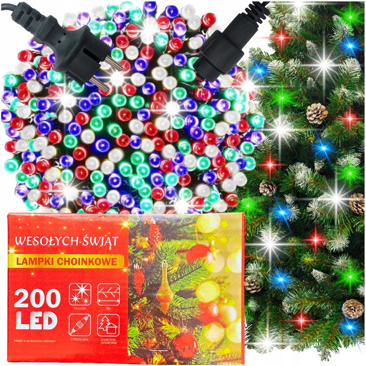 LAMPKI CHOINKOWE MULTIKOLOR 200 LED FLASH WEW/ZEW ŚWIĄTECZNE NA CHOINKĘ 15M