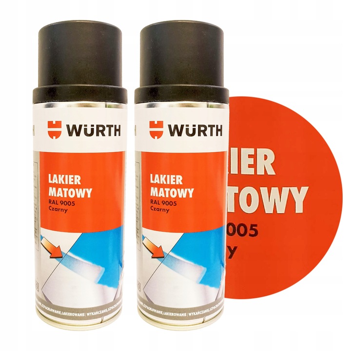 WURTH Lakier Czarny Mat Satyna Spray Szybkoschnący RAL9005 400ml Zestaw2szt