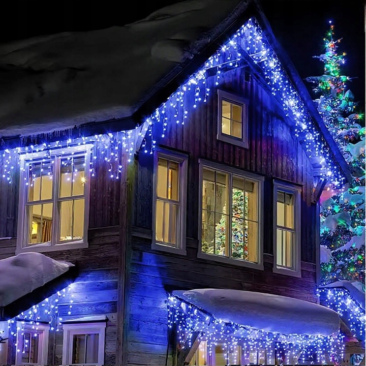 SOPLE 500 LED KURTYNA LAMPKI ZEWNĘTRZNE NIEBIESKIE + FLASH ZIMNY BIAŁY 15M