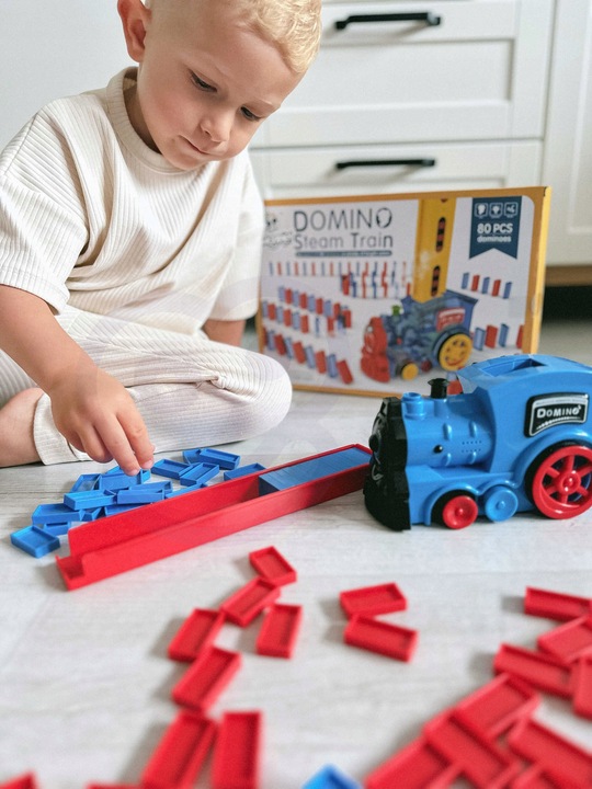 POCIĄG ELEKTRYCZNY KOLEJKA LOKOMOTWA Z PARĄ WODNĄ DO KLOCKÓW DOMINO WOOPIE