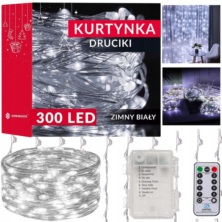 KURTYNA ŚWIETLNA NA BATERIE 300 LED LAMPKI 3x3M 8 FUNKCJI ZIMNE ŚWIATŁO