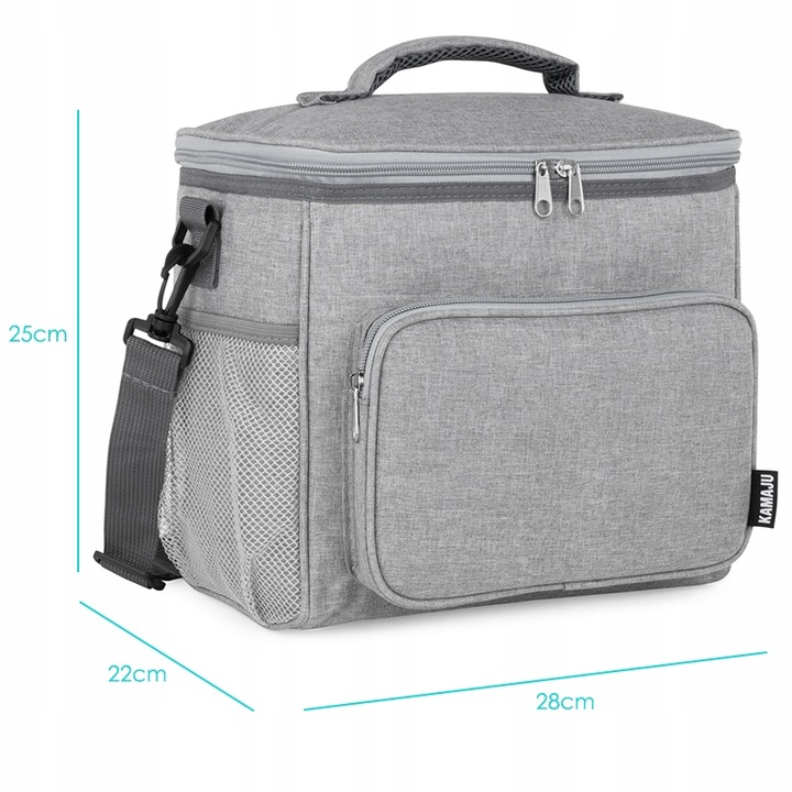 SOLIDNA TORBA TERMICZNA NA LUNCH PIKNIK 2 KOMORY + KIESZENIE PASEK SZARA
