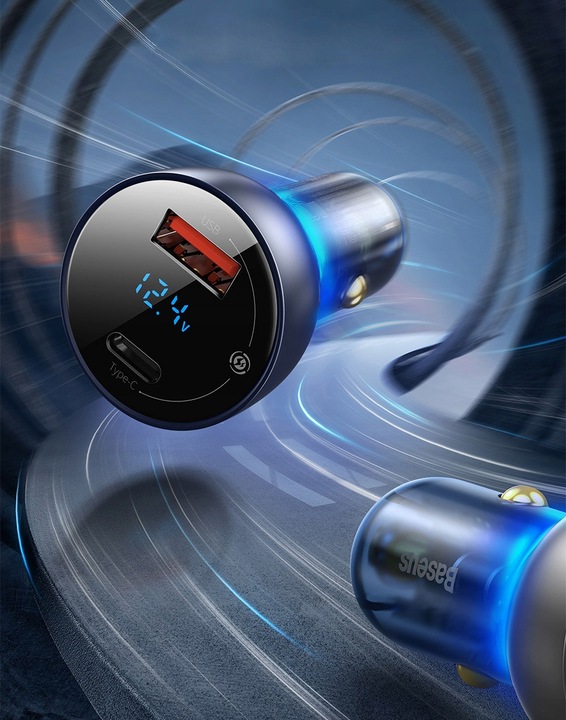 BASEUS MOCNA ŁADOWARKA SAMOCHODOWA ZASILACZ USB-A USB-C 65W Z KABELEM USB-C