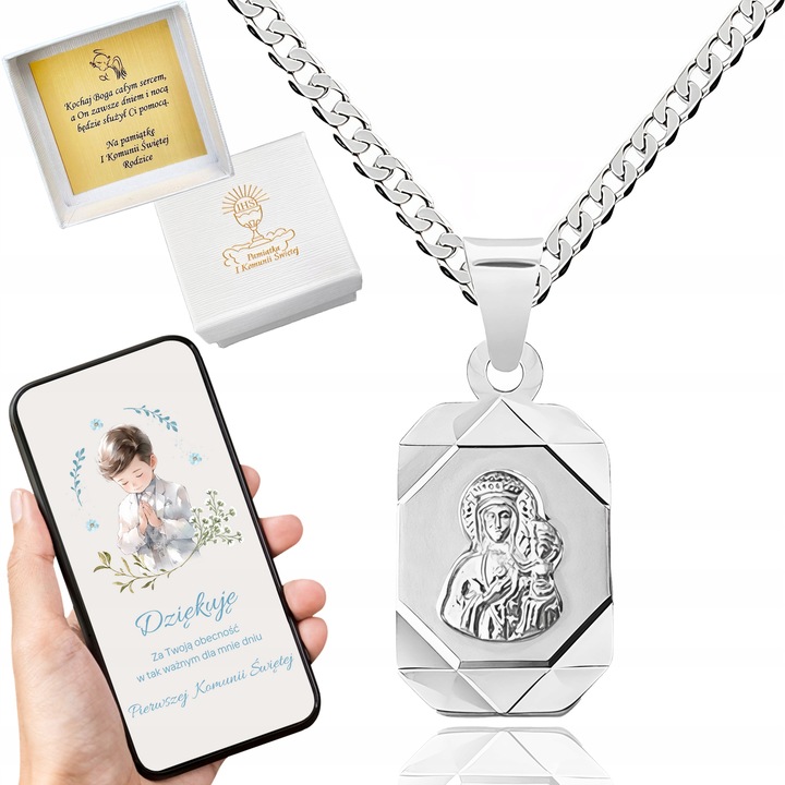 Łańcuszek srebrny pancerka i medalik Matka Boska na komunię na chrzest 50cm
