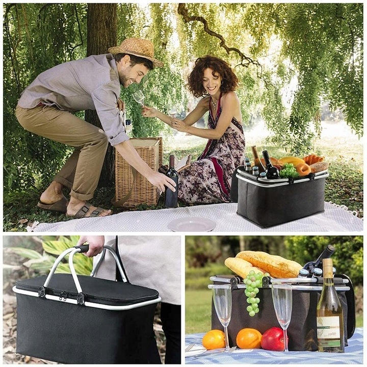 KOSZ CZARNY KOSZYK PIKNIKOWY SKŁADANY TERMICZNY + 2 WKŁADY CHŁODZĄCE