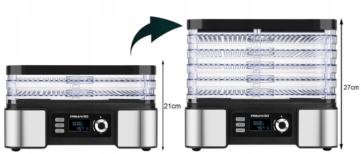 DUŻA SUSZARKA DO GRZYBÓW OWOCÓW TERMOOBIEG 450W ZEGAR PRIMAVEO POJEMNA 12L