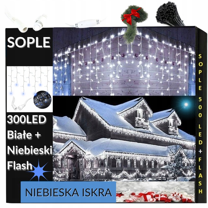 SOPLE FLASH 300 LED ZEWNĘTRZNE BIAŁE ZIMNE CHOINKOWE lampki+niebieski FLASH