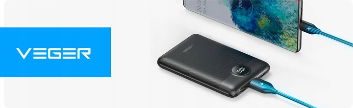 Powerbank VEGER S11 mały lekki 10000mAh 22,5W LCD QC PD20W USB USB-C +kabel
