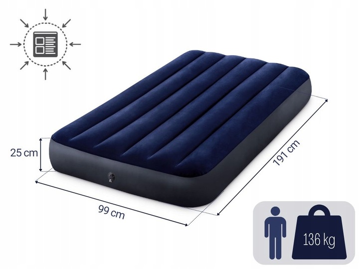 Materac Dmuchany Welurowy Jednoosobowy Łóżko 191x99 Intex 64757 MODEL 2025