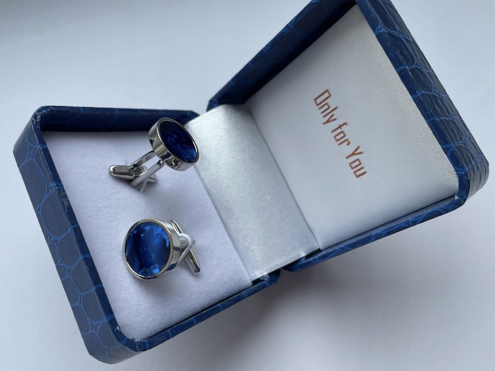 Smokingowe spinki do mankietów EXC Srebrne z Niebieską Masą Perłową + Etui