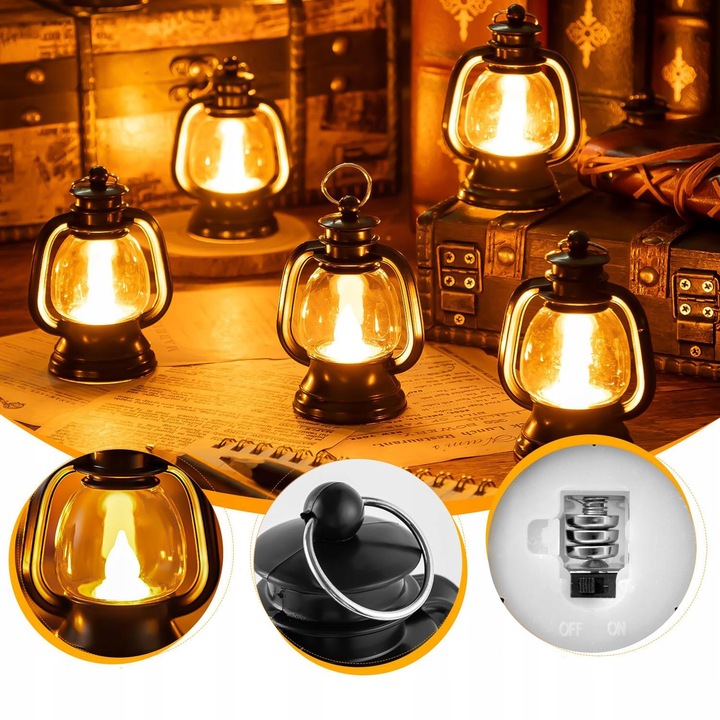 12 szt Mini Latarni w Stylu Vintage, Olejowa, Wisząca Latarnia Naftowa,LED