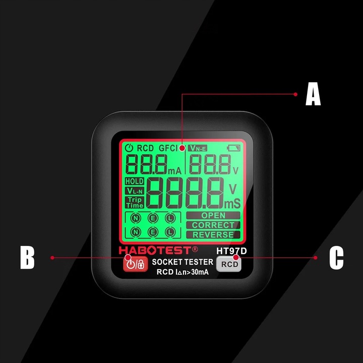 HABOTEST HT97D TESTER NAPIĘCIA GNIAZDEK SIECIOWYCH ELEKTRYCZNYCH DUŻY LCD