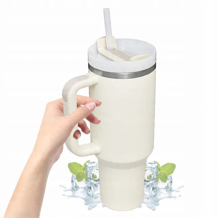 KUBEK TERMICZNY ZE SŁOMKĄ UCHWYTEM NA KAWĘ HERBATĘ SZCZELNY POJEMNY 1200ML