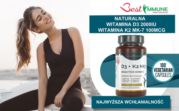 Naturalna witamina D3 2000IU + K2 100mcg Najwyższa Biodostępność