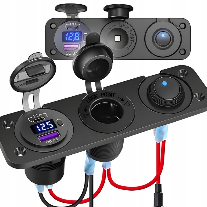 Gniazdo Zapalniczki 12V/24V Woltomierz Samochodowy PANEL Auto USB-C 22,5W