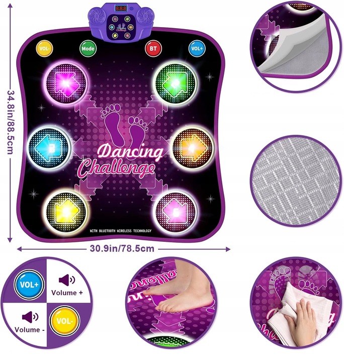 MATA DO TAŃCA DLA DZIECI MUZYKA BLUETOOTH 6 STRZAŁEK ŚWIETLNYCH LED