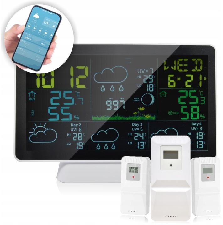 STACJA POGODY WiFi 3 CZUJNIKI UV hPa TEMP WILGOTNOŚĆ FAZY KSIĘŻYCA BUDZIK