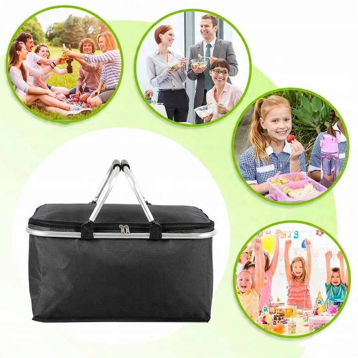 KOSZ CZARNY KOSZYK PIKNIKOWY SKŁADANY TERMICZNY + 2 WKŁADY CHŁODZĄCE