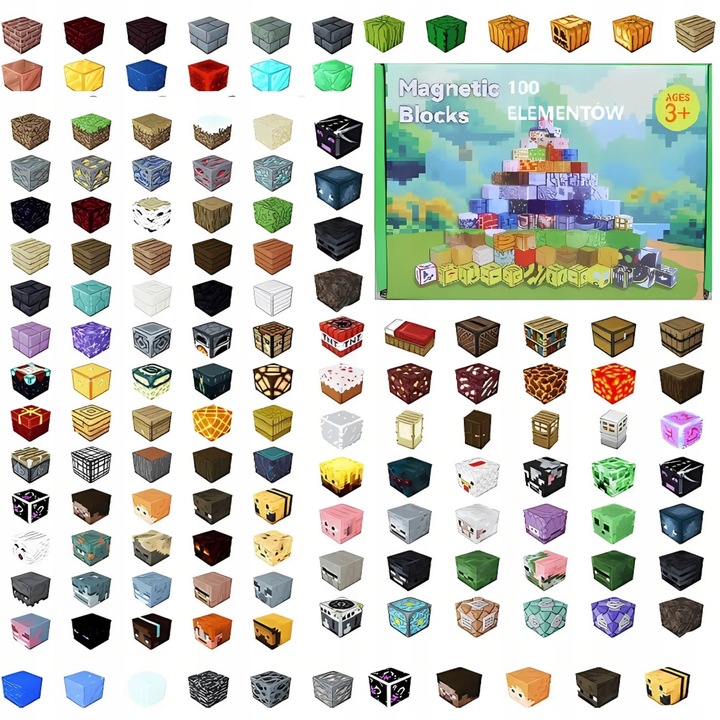 KLOCKI MAGNETYCZNE MINECRAFT KLOCKI SZEŚCIANY 100 KLOCKÓW + 1 FIGURKA MOCNE