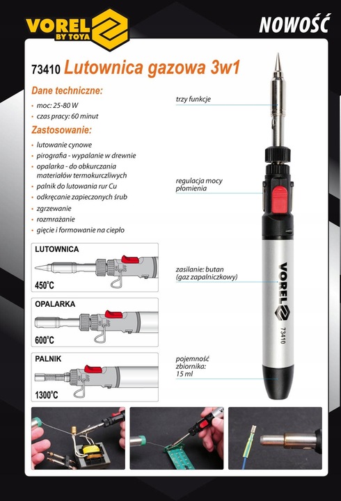 VOREL LUTOWNICA GAZOWA BUTAN OPALARKA PALNIK 3w1 70W 450-1300°C VOREL 73410