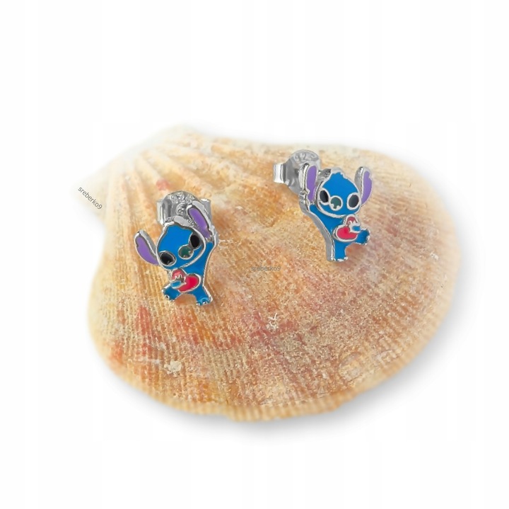 Pr.925 Srebrne bajkowe kolczyki Stich z serduszkiem -HIT kolorowy Stitch