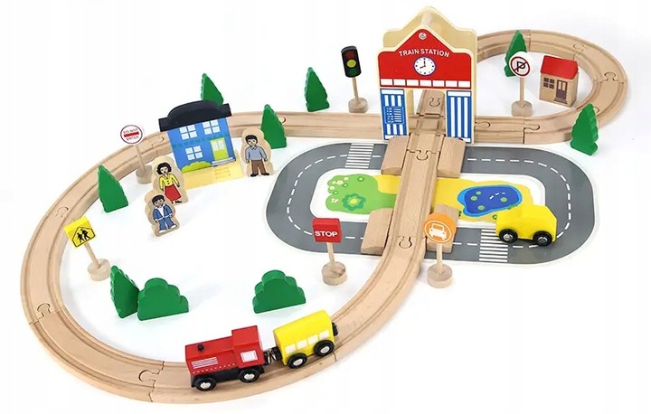 DREWNIANA KOLEJKA TOR WAGONY POCIĄG Budynki Ciuchcia Lokomotywa Zestaw