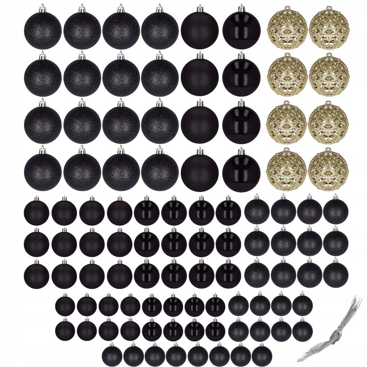 BOMBKI CHOINKOWE 100szt nietłukące ZESTAW XXL NA CHOINKĘ WZORY CZARNE ZŁOTE