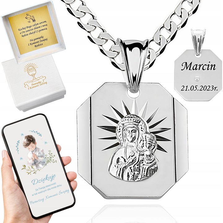 Srebrny łańcuszek pancerka 50 cm i medalik Matka Boska grawer na prezent