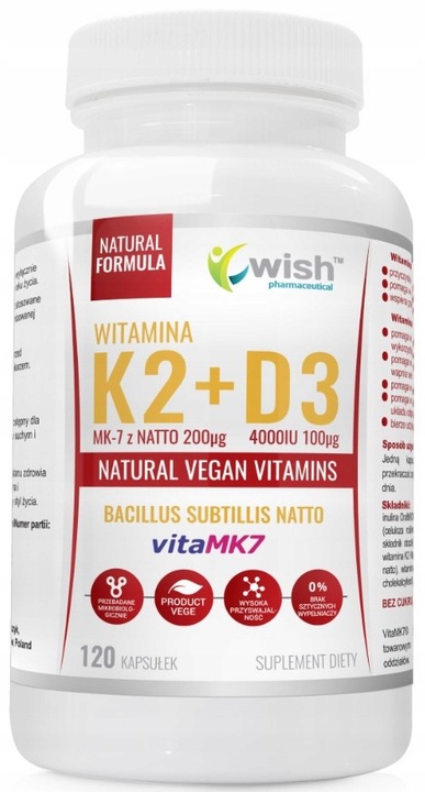 Wish Wegańska VitaMK7 Witamina K2 200µg + Witamina D3 4000IU 120 kapsułek